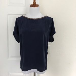Joie Silk Navy Blouse with Braided Neck